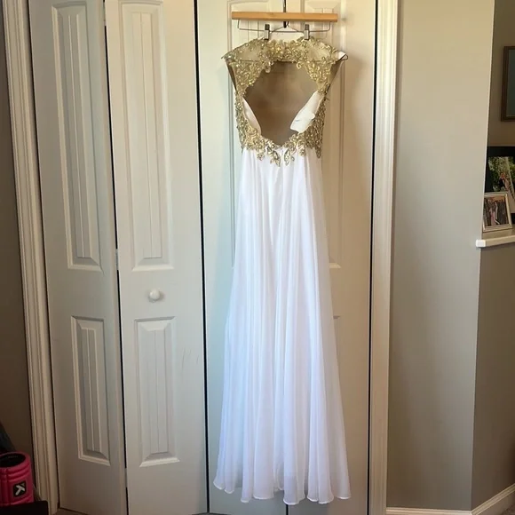 gold and black short dress Golden Halter Deep V-Neck Open Back Prom Dress with Sweep Train, MP382 –  Musebridals main image 1